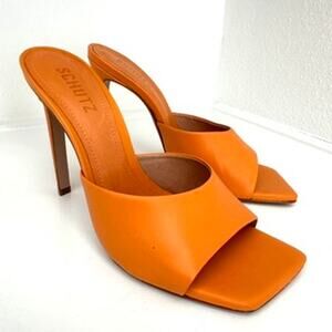 Schutz Katie Deluxe Mule Orange Leather Heel Women Size 8.5 Chic Glam Y2K